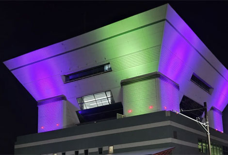 「エヴァンゲリオン初号機」をイメージしてライトアップした大さん橋ふ頭ビル